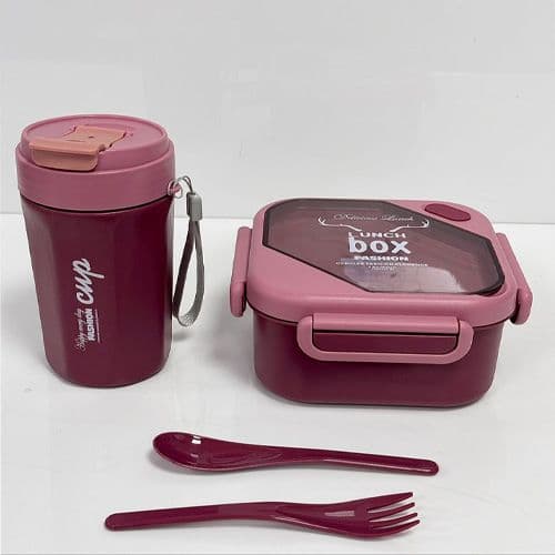 Ensemble Lunch Box, Bouteille et Couverts en Plastique – Idéal pour les Écoliers Coloris Rouge