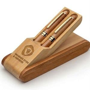 Ensemble stylo à plume et à bille en bambou avec leur support pliable tres elegant