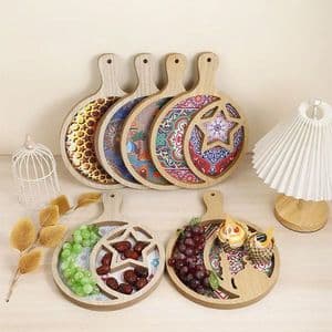 Plateau Fruits secs, plateau de service en bois pour croissant de Ramadan, plateaux Eid Mubarak Moon Star, fournitures de fête musulmane islamique pour décoration de fête, plateau alimentaire